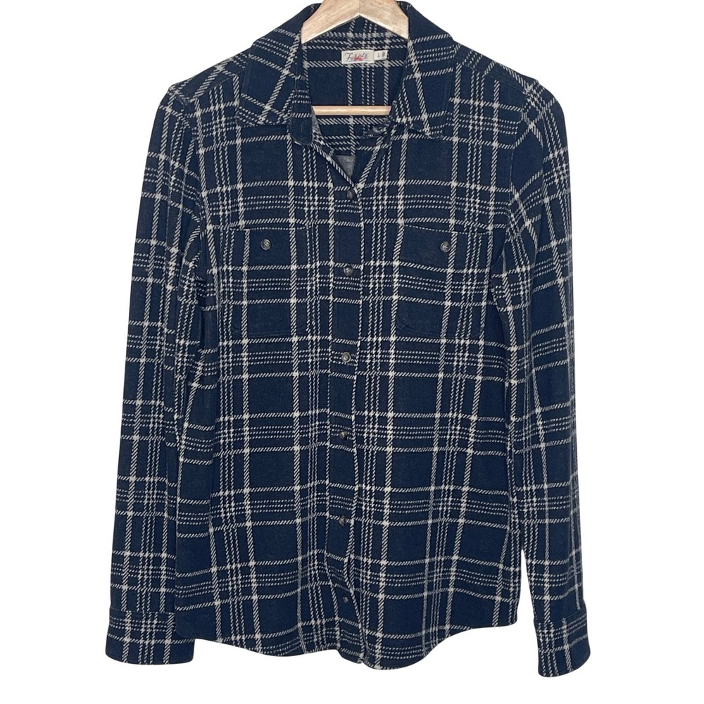 Faherty Navy Blue Plaid Button Down Shirt Womens Small Repreve Ecovero Stretch